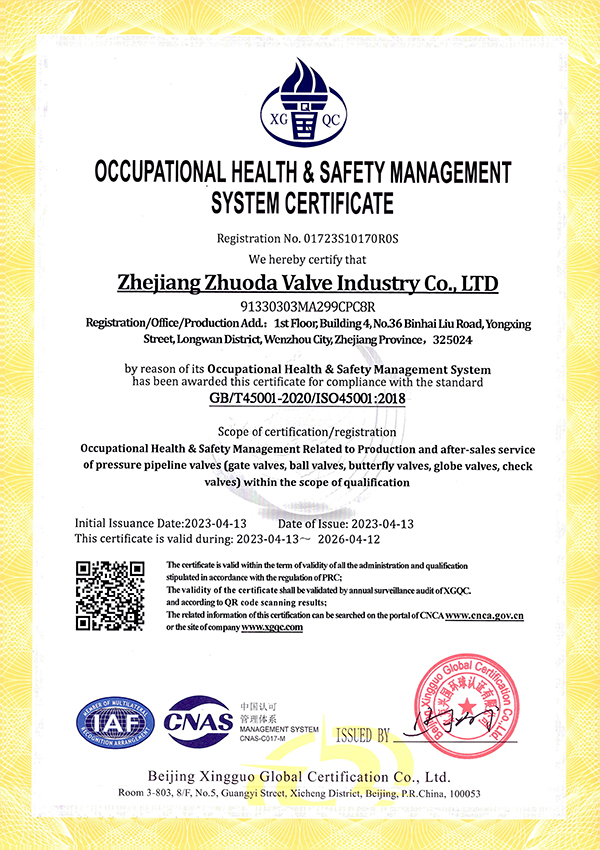 职业健康安全管理体系认证证书英文版
