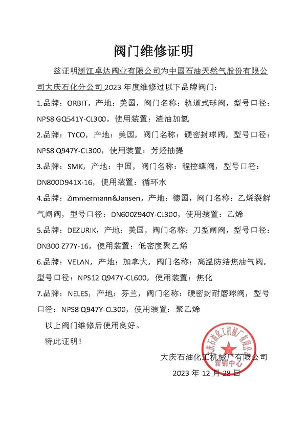 维修阀门品牌证明-大庆石油化工机械厂有限公司